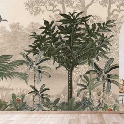 The mural displays a tropical forest scene with lush green trees and plants. It features vibrant greenery, shades of green foliage, various textures of plant life, and colorful birds flying in the distance. The background integrates earthy tones to complement the vivid vegetation and wildlife.