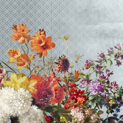 Decorative, geometric-patterned wallpaper featuring a faded section on the right side. Colors include white, orange, red, yellow, and purple.