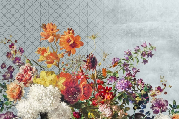 Decorative, geometric-patterned wallpaper featuring a faded section on the right side. Colors include white, orange, red, yellow, and purple.