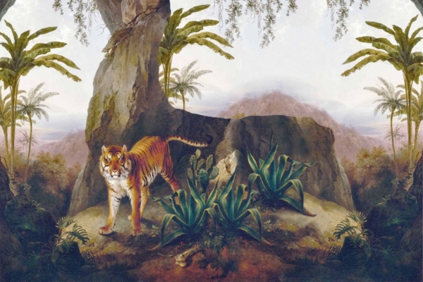 Majestic tiger, rocky outcrop, lush greenery, palm trees, large succulent plants, distant mountains, misty background, serene jungle setting. Colors: vibrant greens, earthy browns and grays of rocks and tiger's fur, soft blue-gray of mist-shrouded mountains.
