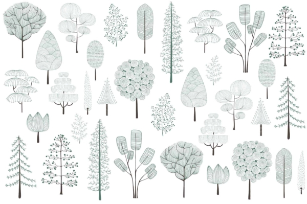 The wallpaper features an assortment of Ciera's minimalist trees, with various shapes and sizes. Patterns include circles, lines, and dots in shades of green and grey on a white background.