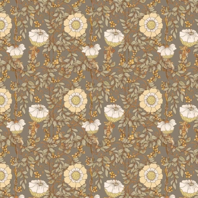 A seamless repeating wallpaper pattern featuring yellow and white flowers with intricate detailing, surrounded by green leaves and small orange berries. Set against a muted brown background, the design showcases a vintage, Art Nouveau feel with symmetrical placement reminiscent of classic cinema aesthetics. Elements and colors: yellow flowers, white flowers, intricate detailing, green leaves, orange berries, muted brown background, vintage Art Nouveau style.