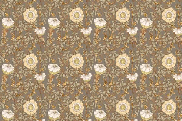 A seamless repeating wallpaper pattern featuring yellow and white flowers with intricate detailing, surrounded by green leaves and small orange berries. Set against a muted brown background, the design showcases a vintage, Art Nouveau feel with symmetrical placement reminiscent of classic cinema aesthetics. Elements and colors: yellow flowers, white flowers, intricate detailing, green leaves, orange berries, muted brown background, vintage Art Nouveau style.