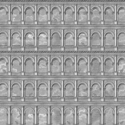 A grayscale illustration of a multi-story building facade with identical arched windows as wallpaper. Some windows showcase the sky, while others depict small human figures and statues in different activities. Elements to note: ancient architecture, arched windows, human figures, statues, grayscale.