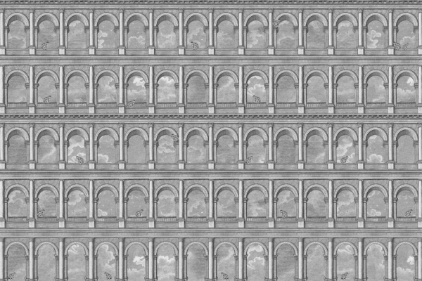 A grayscale illustration of a multi-story building facade with identical arched windows as wallpaper. Some windows showcase the sky, while others depict small human figures and statues in different activities. Elements to note: ancient architecture, arched windows, human figures, statues, grayscale.