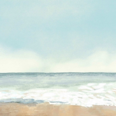 Coney Island beach wallpaper: serene scene with gentle waves lapping against the shore, light blue sky, few wisps of white clouds. Peaceful and calming mood. Simple and beautiful depiction of ocean and sky elements.