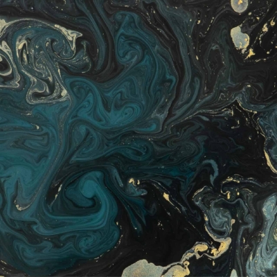 Abstract art painting wallpaper with swirling waves and curls of dark green, teal, black; scattered accents of gold. Fluid dynamic composition evokes marbled surface or liquid movement.