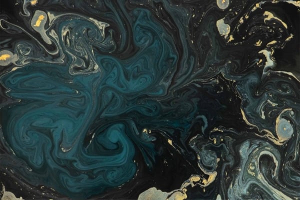 Abstract art painting wallpaper with swirling waves and curls of dark green, teal, black; scattered accents of gold. Fluid dynamic composition evokes marbled surface or liquid movement.