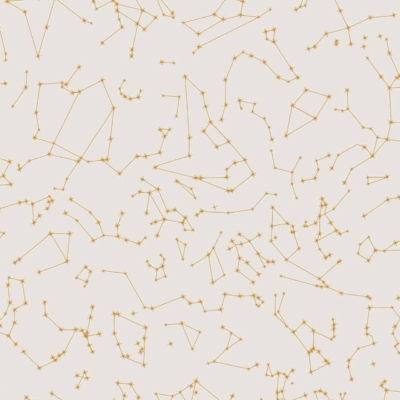 Beige background with numerous hand-drawn orange constellations, connected by straight lines, resembling a night sky map.
