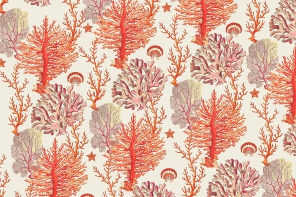 A seamless wallpaper pattern featuring various types of coral and sea plants. The design includes intricate details of branching coral, fan-shaped coral, and small sea stars in shades of red, pink, and beige on an off-white background. Elements: branching coral, fan-shaped coral, sea stars. Colors: red, pink, beige. Background color: off-white.
