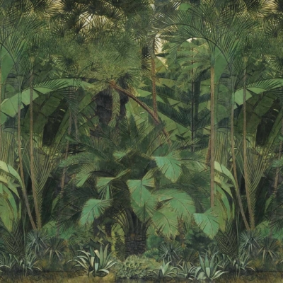 A lush, vibrant jungle wallpaper in Costa Rica features deep green foliage with tall palm trees and diverse tropical plants. The dense greenery creates intricate layers of leaves and branches, forming a rich tapestry of emerald hues with flecks of light filtering through. This pattern highlights the depth and complexity of Costa Rica’s tropical forests, making it perfect for nature lovers seeking a verdant paradise backdrop. Key elements include emerald greens, towering palms, layered foliage, and varied tropical plant life.