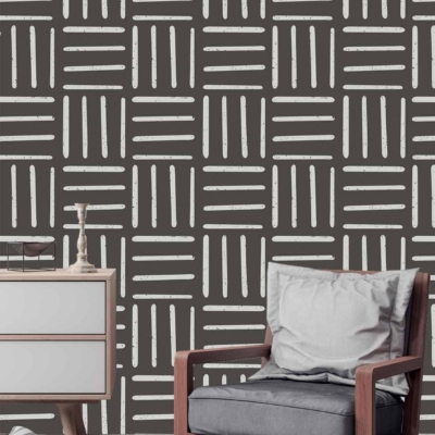 The wallpaper features a geometric pattern with intersecting horizontal and vertical lines, creating a structured grid-like design. Predominantly neutral in color, it uses shades of grey and white to achieve a modern aesthetic. This sophisticated pattern serves as an elegant backdrop for the room's decor.