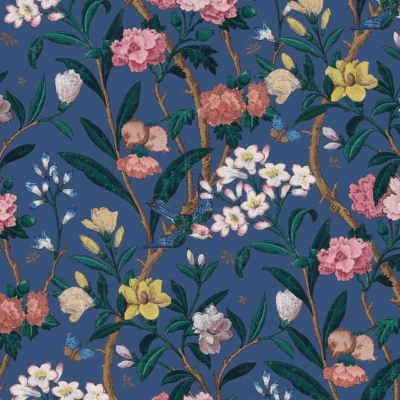 Floral wallpaper featuring a seamless pattern with a creeping botanical design. Vibrant flowers in pink, yellow, and white blooms paired with green leaves and brown branches against a blue background. Small blue butterflies are scattered throughout the design. Keywords: creeping botanical, colorful flowers, pink blossoms, yellow blossoms, white blossoms, green leaves, brown branches, blue background, blue butterflies.