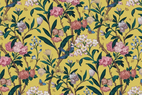 A vibrant yellow floral wallpaper featuring intricate patterns of blooming pink, white, and blue flowers. The design includes green leaves and stems intertwined with creeping vines. Small butterflies and bees are scattered throughout, creating a lively, detailed nature-inspired scene.