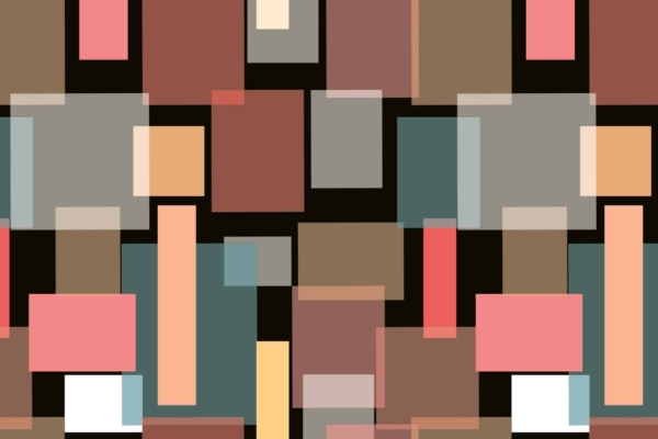 Abstract digital artwork featuring rectangles and squares in earthy tones like brown, beige, gray, peach, and pink. Shapes overlap in a grid-like pattern against a black background, reminiscent of Cubist geometric complexity.