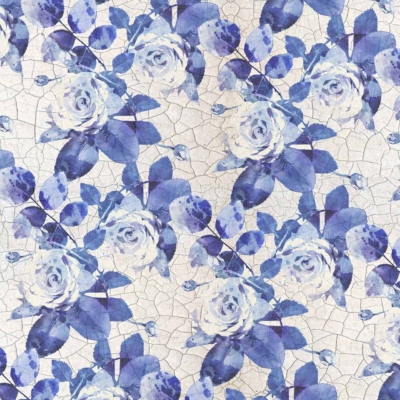 Seamless pattern wallpaper featuring Delft blue roses with delicate white highlights, paired with green leaves. The design sits on a cracked, off-white background for a vintage, textured look. Intricate and repetitive floral elements accentuate the classic aesthetic.