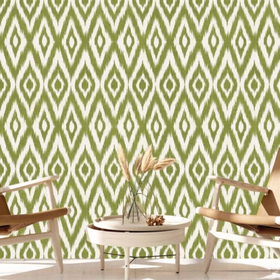 The wallpaper features a green and white geometric diamond pattern.