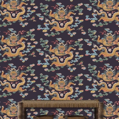 A dark wallpaper with an intricate pattern of yellow dragons and red clouds, accented with green and blue details.