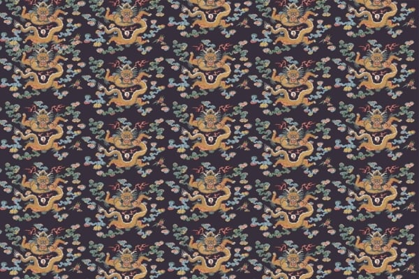 A wallpaper featuring a repeating pattern of intricate, colorful dragons set against a dark background. The design includes dragons similar to those on Dragons' Den, with elaborate floral and cloud-like motifs. Key elements: vibrant dragon illustrations, rich floral patterns, cloud-like motifs. Dominant colors: deep reds, golds, greens, and blues against a dark backdrop.