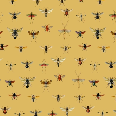 Repeating pattern of insects on mustard yellow background. Includes butterflies, wasps, mosquitoes, and beetles. Detailed illustrations in varying colors and sizes. Intricate and symmetrical design depicting insect life.