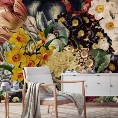 A brightly colored wall mural featuring various European flowers dominates the room. The mural showcases daffodils, tulips, and pansies in vivid hues. Expect a rich palette of yellows, reds, purples, and greens to capture the lively essence of a European garden in full bloom.