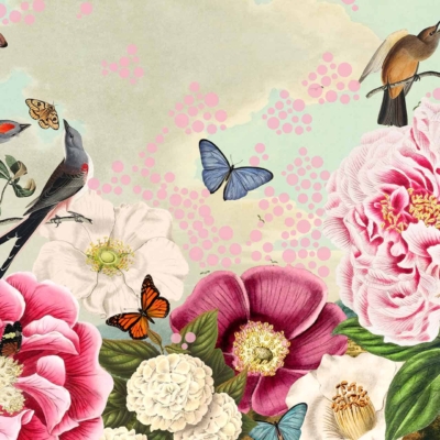 An illustration from Eve's Place wallpaper features various birds perched on branches amidst vibrant roses and peonies. Butterflies and insects fly around, set against a backdrop of pastel clouds and pink dots. The scene is whimsical and lively with bright florals, colorful birds, fluttering butterflies, intricate insects, soft pastels, and cheerful pink accents.