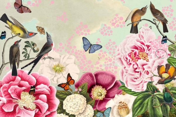 An illustration from Eve's Place wallpaper features various birds perched on branches amidst vibrant roses and peonies. Butterflies and insects fly around, set against a backdrop of pastel clouds and pink dots. The scene is whimsical and lively with bright florals, colorful birds, fluttering butterflies, intricate insects, soft pastels, and cheerful pink accents.