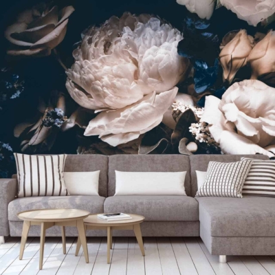 Dramatic mural featuring large, close-up white and beige flowers.