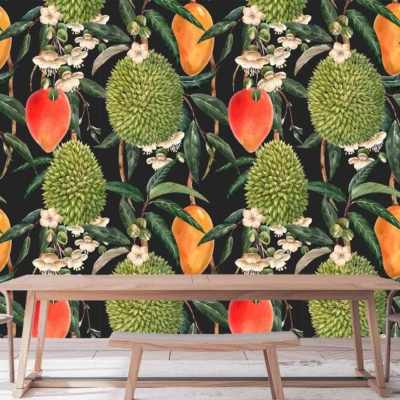 Wallpaper features vibrant tropical fruits like durians and mangoes, green leaves, white flowers, all set against a black background.