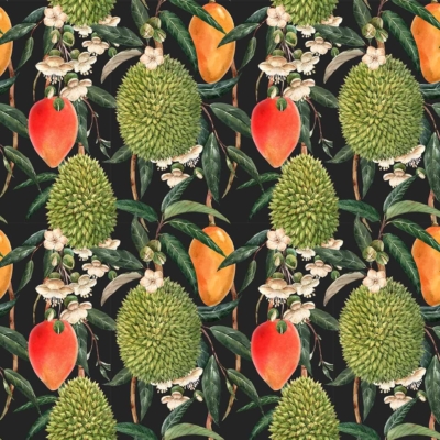A seamless tropical fruit wallpaper pattern features durians and mangoes accompanied by green leaves and white blossoms on a dark background. Detailed, realistic fruits are arranged in a repeating design that highlights nature's bounty. Dominant colors include vibrant yellows and greens, contrasted against deep black.