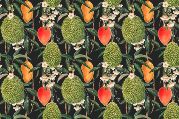 A seamless tropical fruit wallpaper pattern features durians and mangoes accompanied by green leaves and white blossoms on a dark background. Detailed, realistic fruits are arranged in a repeating design that highlights nature's bounty. Dominant colors include vibrant yellows and greens, contrasted against deep black.