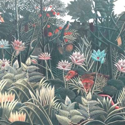 Wallpaper: Vibrant jungle scene, lush foliage, shades of green, pink water lilies blooming. Two tigers with keen expressions, dense undergrowth, intricate patterns of leaves and stems. Elements: jungle foliage, various greens, pink flowers, tigers hidden. Main colors: green shades and pink accents.