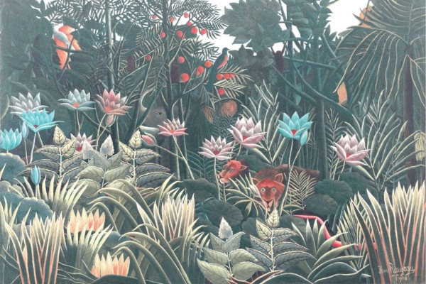 Wallpaper: Vibrant jungle scene, lush foliage, shades of green, pink water lilies blooming. Two tigers with keen expressions, dense undergrowth, intricate patterns of leaves and stems. Elements: jungle foliage, various greens, pink flowers, tigers hidden. Main colors: green shades and pink accents.