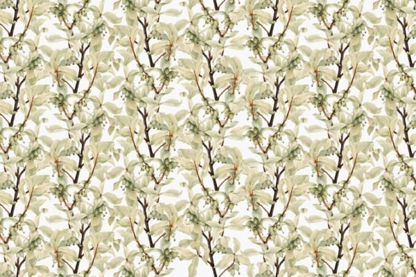 A seamless wallpaper pattern with light green and beige leaves on brown branches set against a white background. The delicate, detailed foliage creates a natural, repeating design evocative of spring. Elements and colors: light green leaves, beige leaves, brown branches, white background.