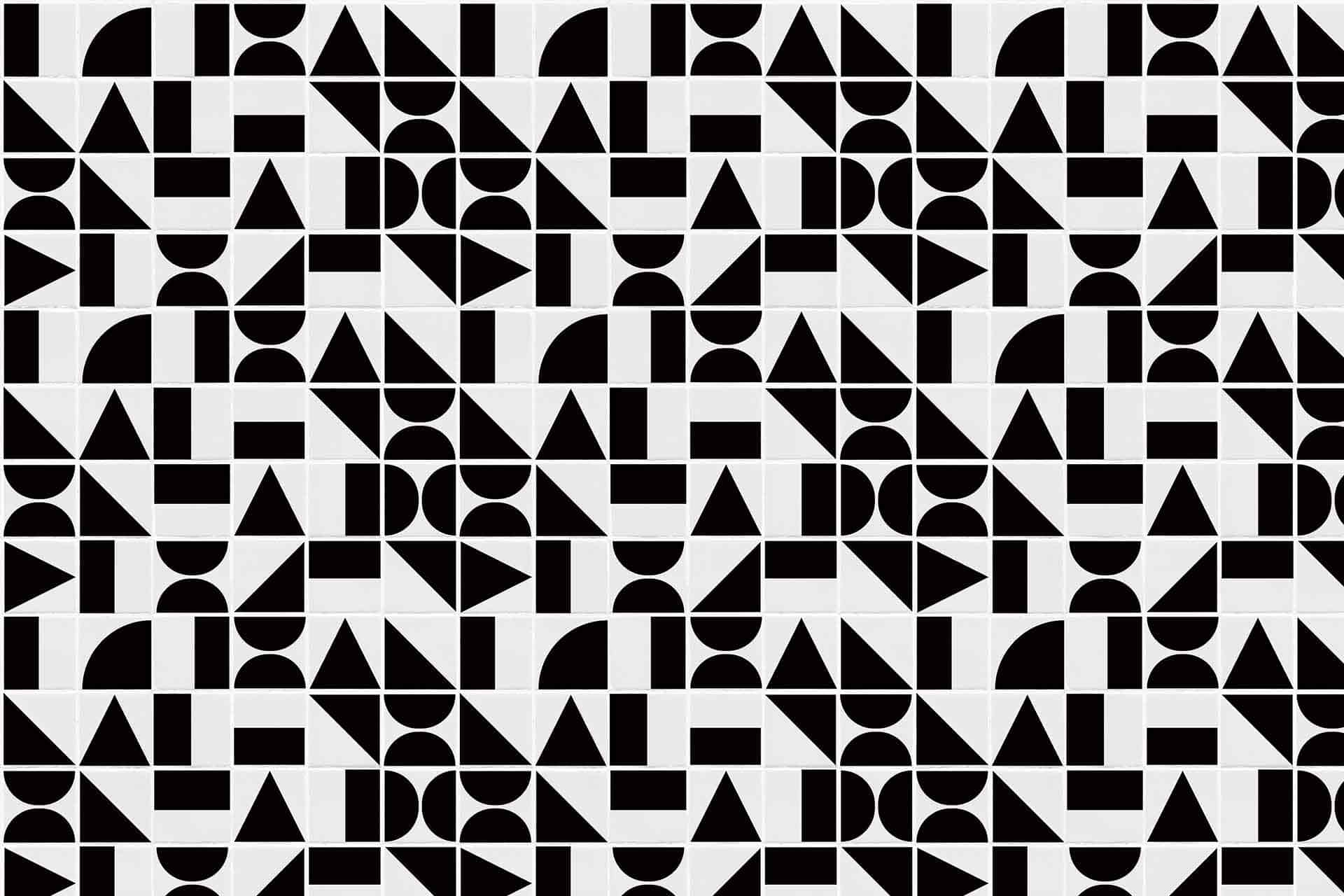 Seamless pattern, black geometric shapes, white background, triangles, circles, squares, rectangles, repetitive design, abstract style, modern mosaic effect.