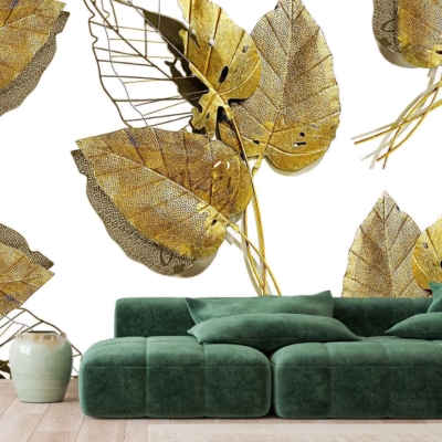 Bold wallpaper with a gold leaf design of delicate, skeletal leaves on a white background. Elements include intricate leaf patterns in gold on a crisp white backdrop.