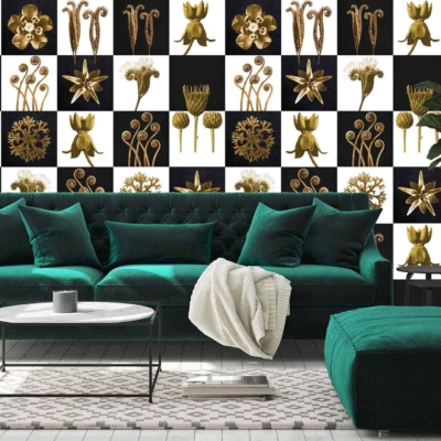 Black and white checkered pattern, intricate golden botany designs.