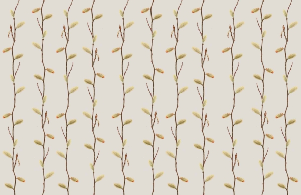 Seamless wallpaper pattern features vertical, golden vine branches with budding leaves and flowers on a light beige background. Delicate, pale buds adorn the evenly spaced branches. Elements: vertical branches, golden vines, budding leaves, flowers. Colors: golden, light beige, pale.