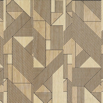 An intricate geometric pattern of interlocking wooden panels. The design features parallel lines and diagonal shapes, creating a complex, abstract mosaic in natural wood tones. Highlights include rich grains and textures found in oak, walnut, and cherry finishes.