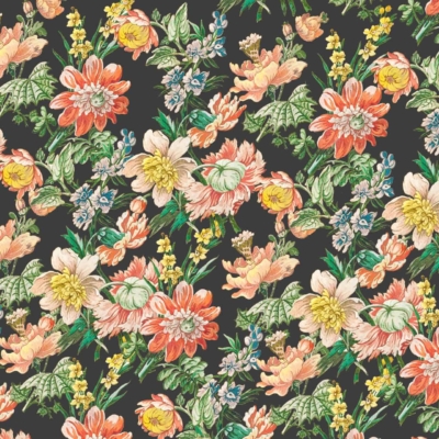 A vibrant floral pattern featuring various flowers in shades of orange, yellow, pink, and white, accompanied by lush green leaves. Set against a dark background, this granny-inspired design is dense and richly detailed, creating a colorful and lively tapestry-like effect.
