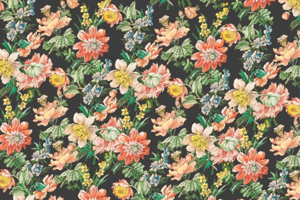A vibrant floral pattern featuring various flowers in shades of orange, yellow, pink, and white, accompanied by lush green leaves. Set against a dark background, this granny-inspired design is dense and richly detailed, creating a colorful and lively tapestry-like effect.