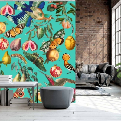 A stunning nature-themed mural sets this living room apart, with vibrant elements like colorful birds, butterflies, fruits, and flowers. The wallpaper features a turquoise background that makes the lively and detailed artwork pop. Perfect for inspiring creativity!