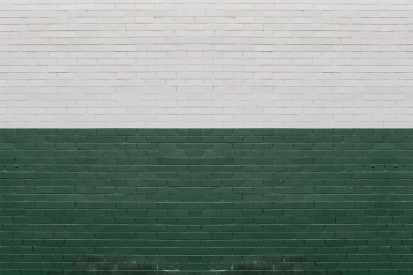 A wallpaper featuring a brick wall with two distinct sections: the upper part is painted white, and the lower part is painted green. The design showcases a symmetrical and clean horizontal divide, creating a striking half-and-half effect. Keywords: brick wall, white upper section, green lower section, symmetrical, horizontal divide.
