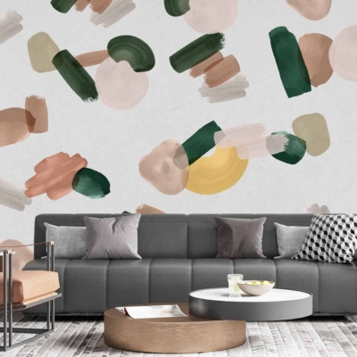 The wallpaper features an abstract pattern with green, brown, beige, and yellow brush strokes and shapes.