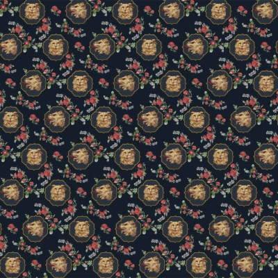 Luxurious wallpaper with a dark background, featuring an intricate pattern of golden lion head medallions and intertwined floral motifs in red and green hues. The heraldic design is elegantly repeated for a regal appearance.