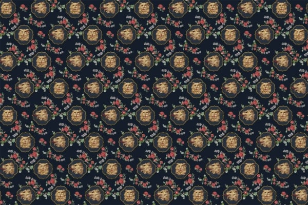 Luxurious wallpaper with a dark background, featuring an intricate pattern of golden lion head medallions and intertwined floral motifs in red and green hues. The heraldic design is elegantly repeated for a regal appearance.