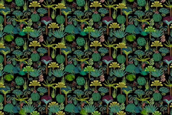 A vibrant, seamless wallpaper pattern with dense tropical plants and foliage. Various shades of green, accented with yellow, pink, and dark purple on a black background. Lush and visually rich design for a homey feel.