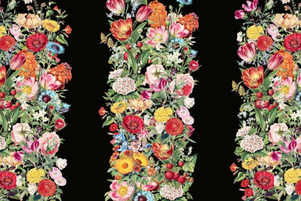 Wallpaper features:
1. Three vertical columns
2. Vibrant, multicolored flowers and greenery
3. Black background
4. Roses, tulips, daisies, and peonies
5. Dense, lush floral pattern
6. Symmetrical arrangement
Colors: red, pink, yellow, white (flowers); green (foliage)