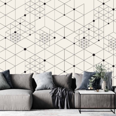 Geometric wallpaper with a black-and-white pattern.