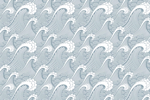 Seamless wallpaper pattern of stylized ocean waves featuring alternating lines and curves. The design showcases dynamic wave shapes in light blue and white tones, evoking the shoreline's movement and fluidity. Key elements: ocean waves, stylized design, light blue, white tones, dynamic shapes, alternating lines and curves.